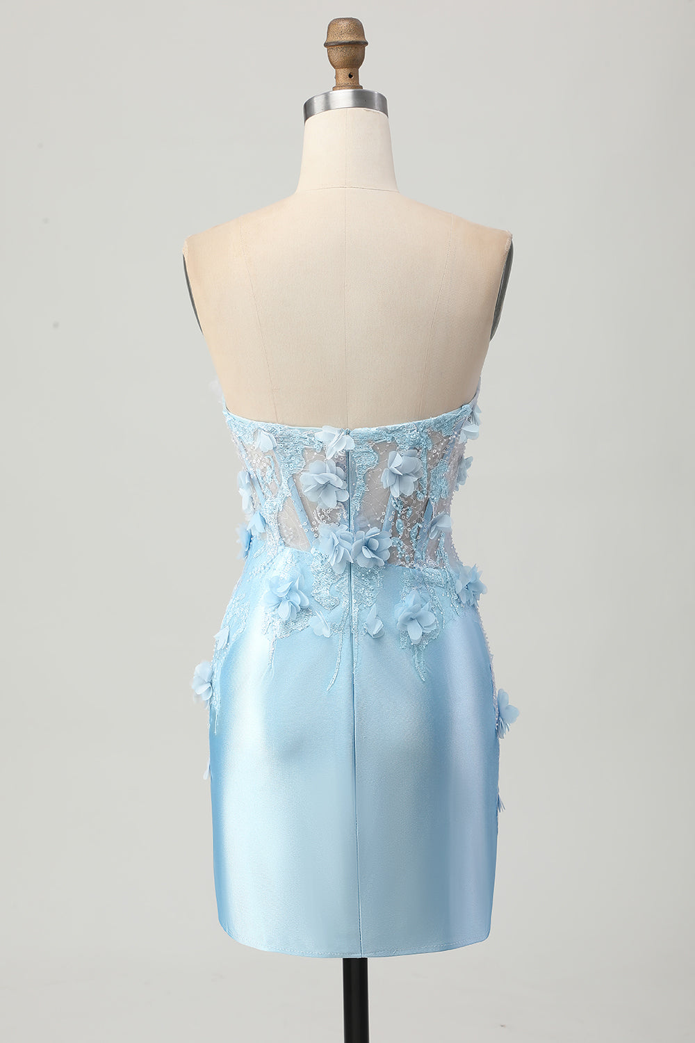 Sky Blue Satin Bodycon Strapless Homecoming Dress with Appliques