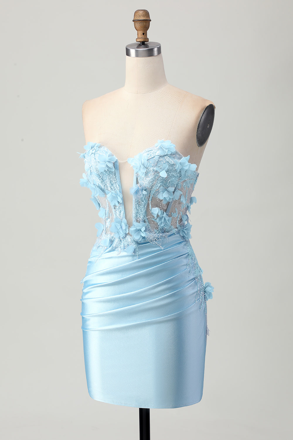 Sky Blue Satin Bodycon Strapless Homecoming Dress with Appliques