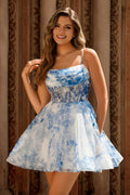 Corset A Line White Blue Flower Homecoming Dress