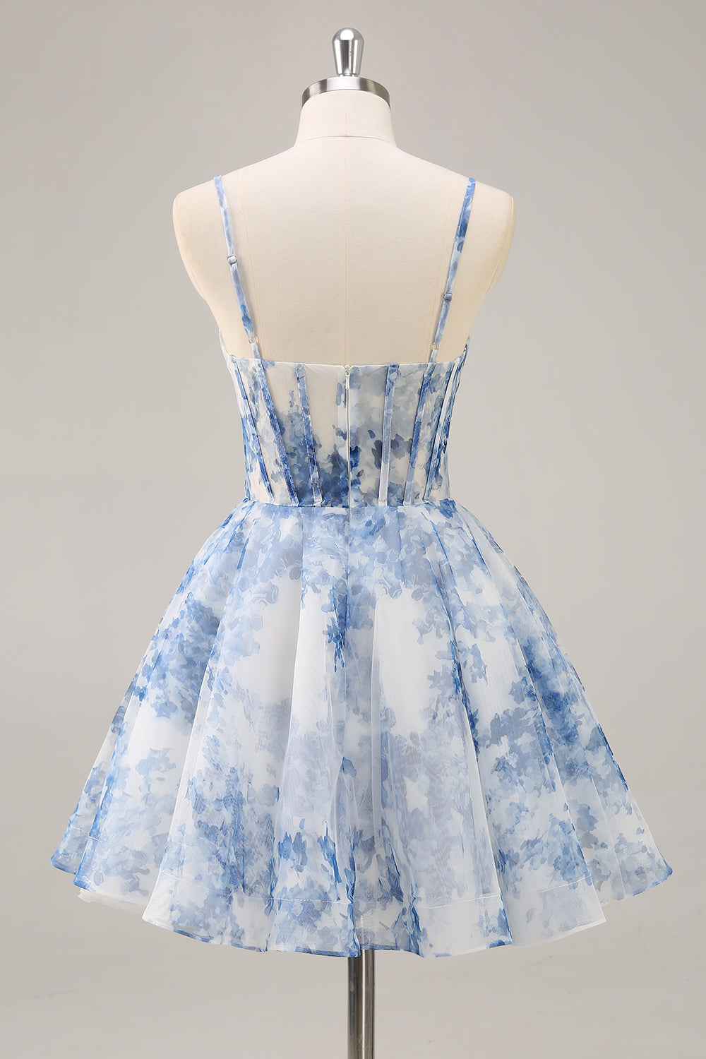 White Blue Flower A Line Corset Homecoming Dress