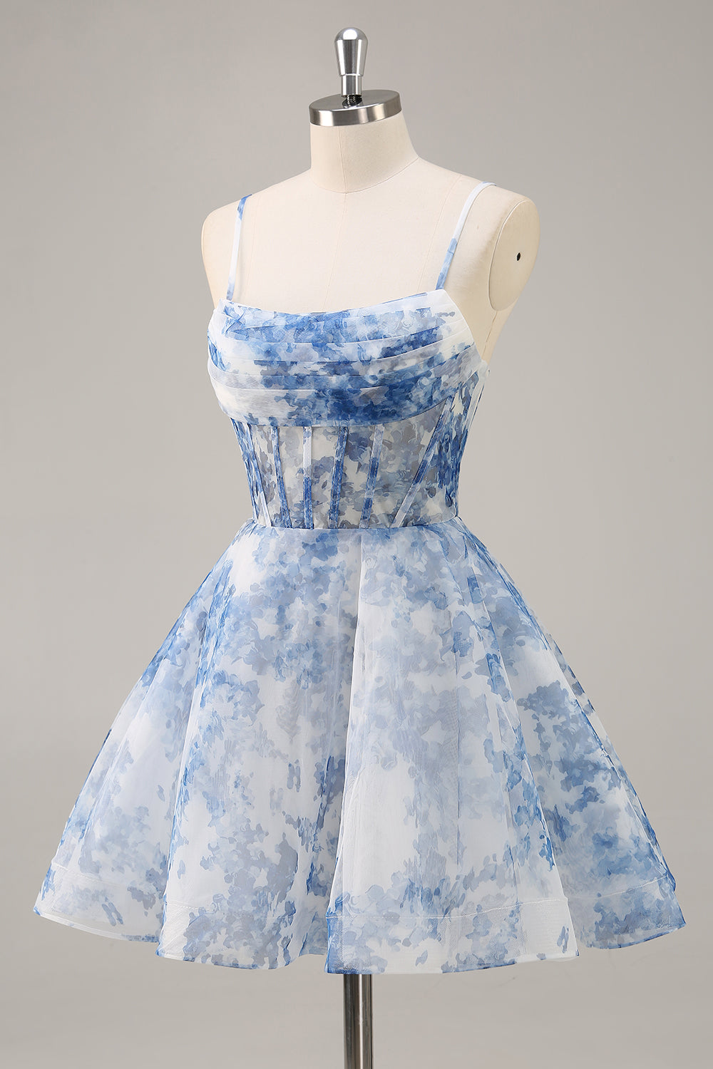 White Blue Flower A Line Corset Homecoming Dress