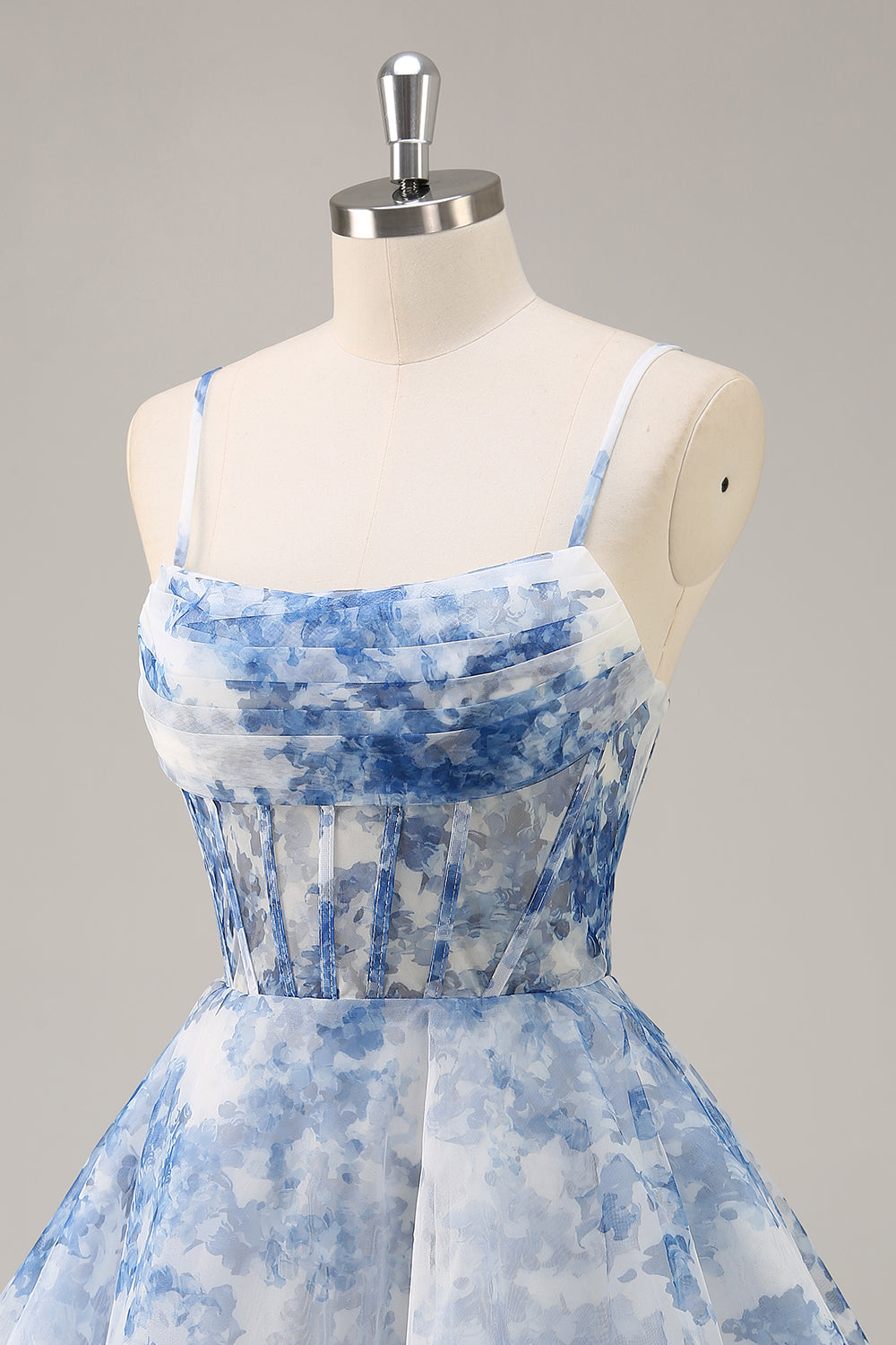White Blue Flower A Line Corset Homecoming Dress
