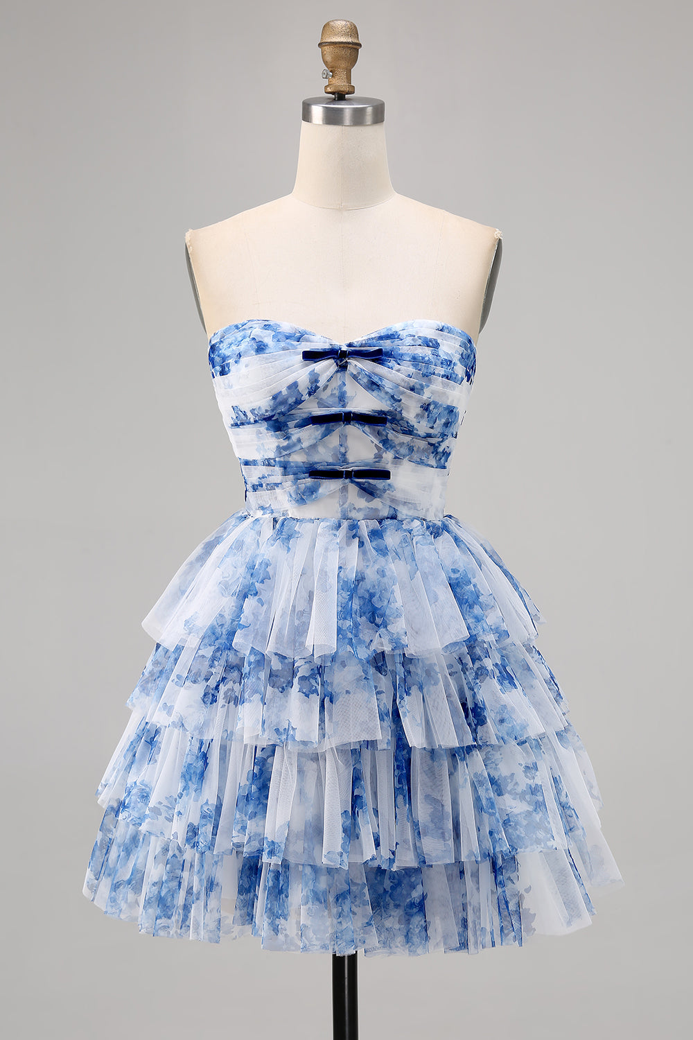 A Line Strapless Tiered White Blue Flower Homecoming Dress with Lace Up Back