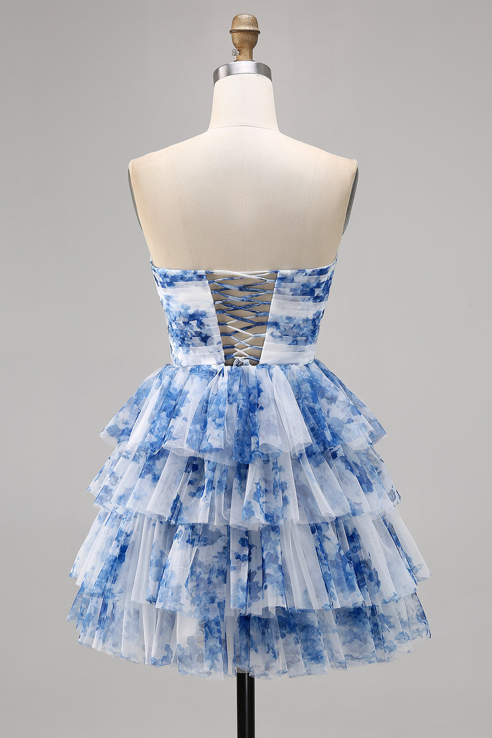 A Line Strapless Tiered White Blue Flower Homecoming Dress with Lace Up Back