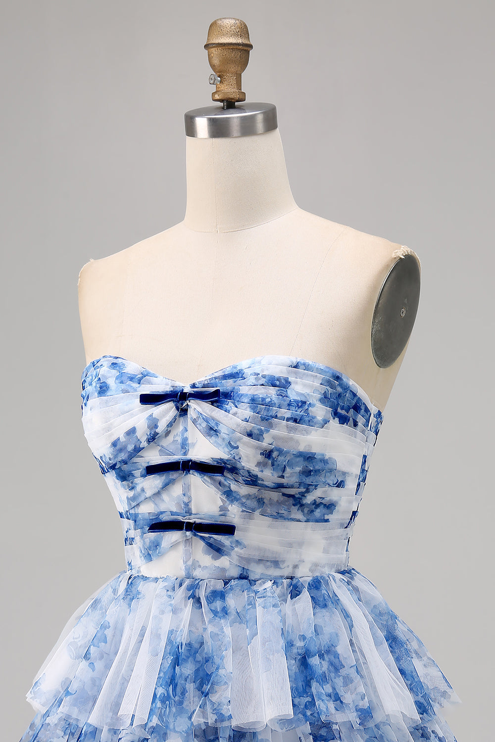 A Line Strapless Tiered White Blue Flower Homecoming Dress with Lace Up Back