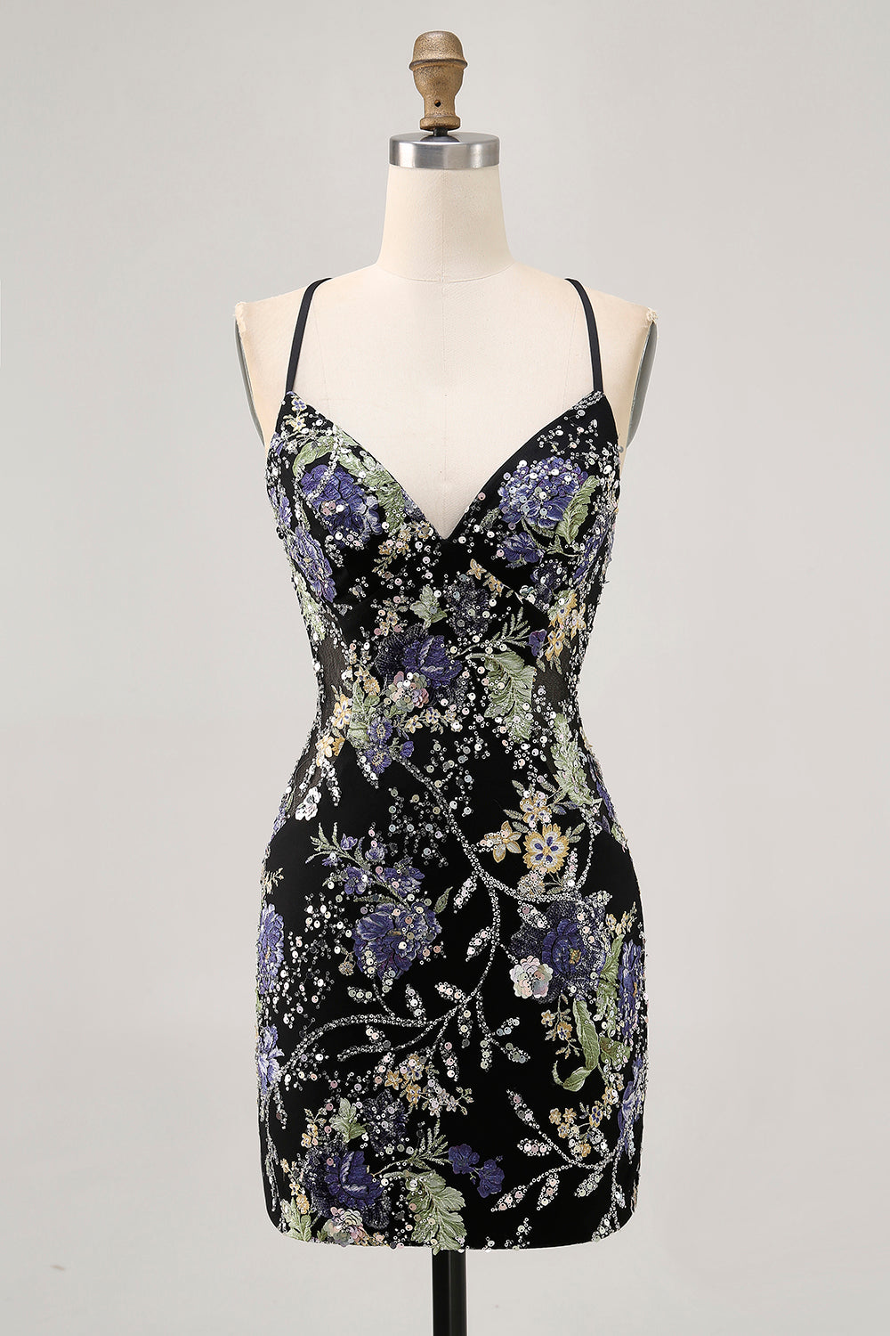 Floral Blue Appliqued Homecoming Dress with Sequins
