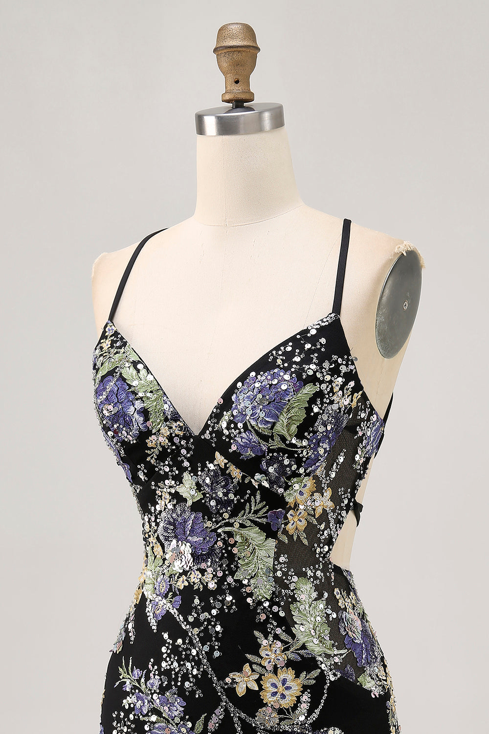 Floral Blue Appliqued Homecoming Dress with Sequins