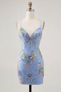 Floral Blue Appliqued Homecoming Dress with Sequins