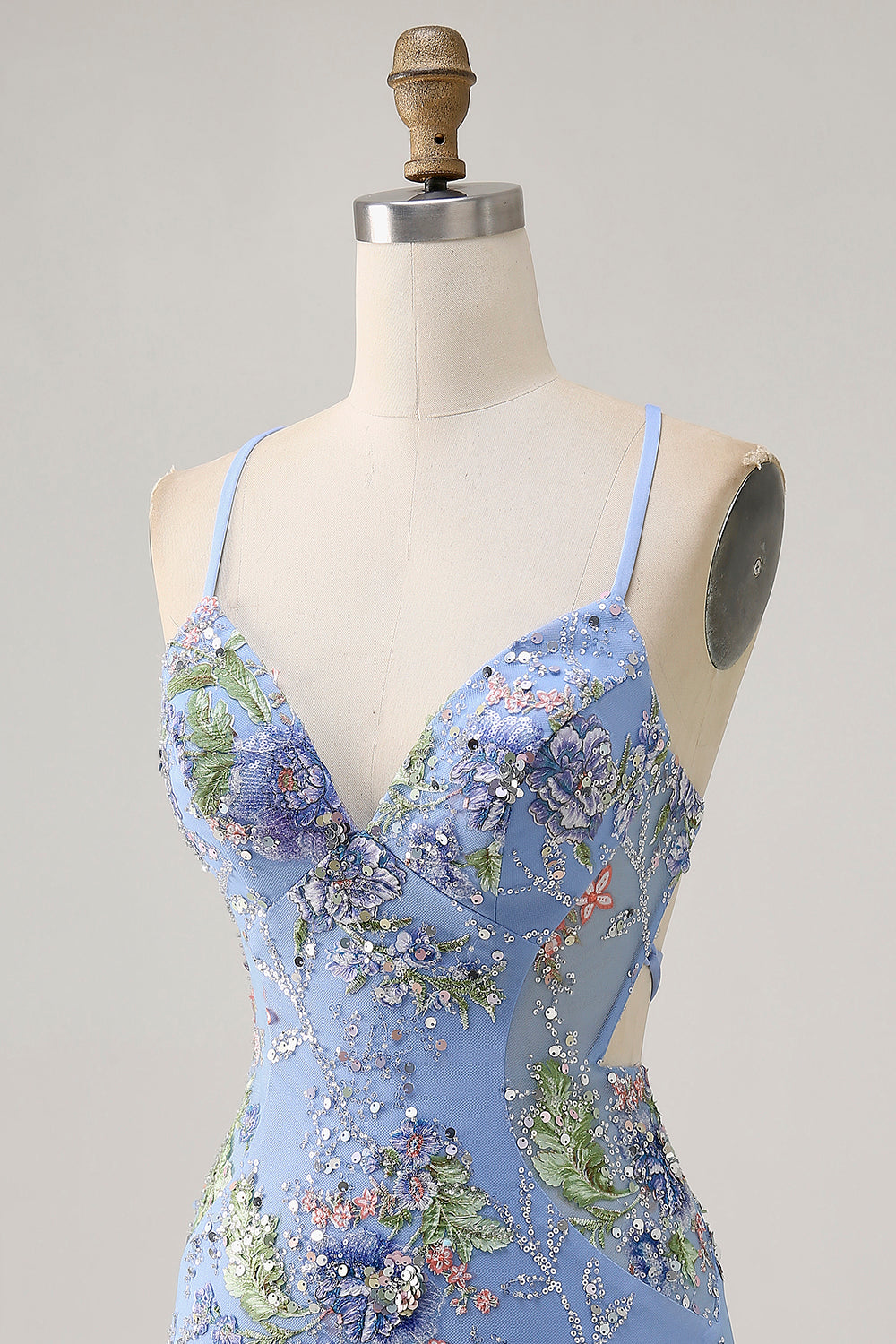 Floral Blue Appliqued Homecoming Dress with Sequins