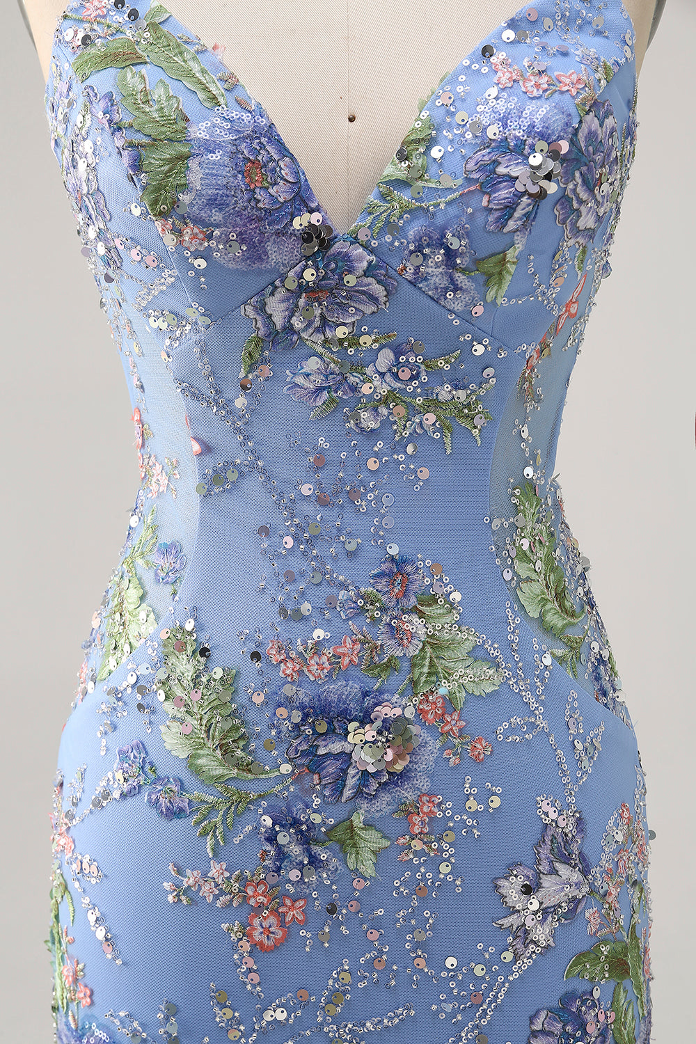 Floral Blue Appliqued Homecoming Dress with Sequins