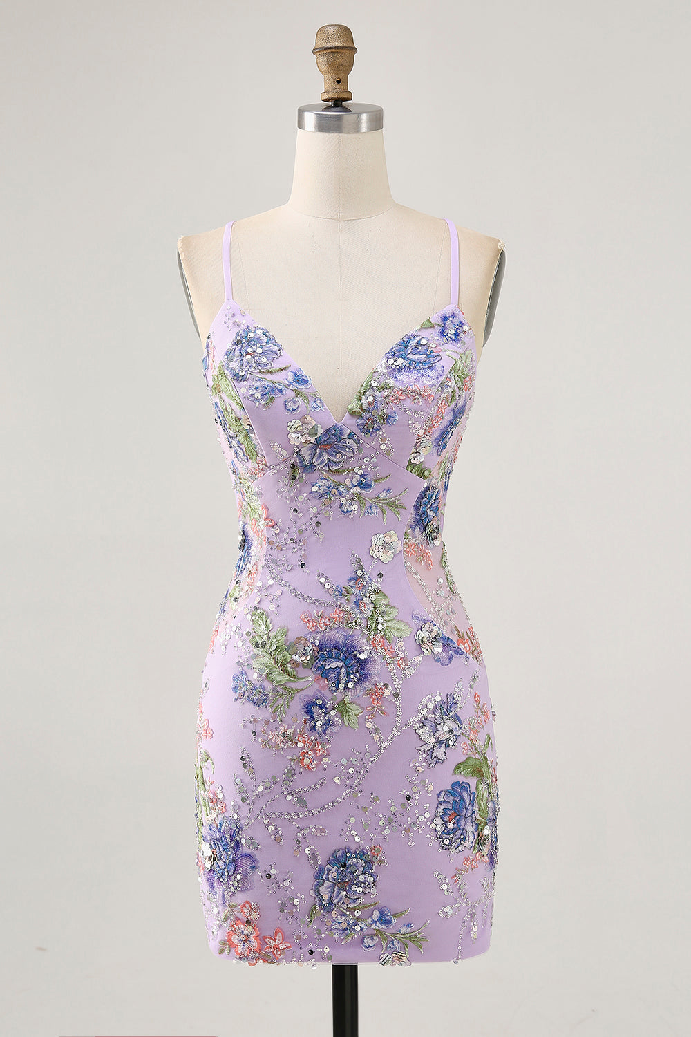 Floral Blue Appliqued Homecoming Dress with Sequins