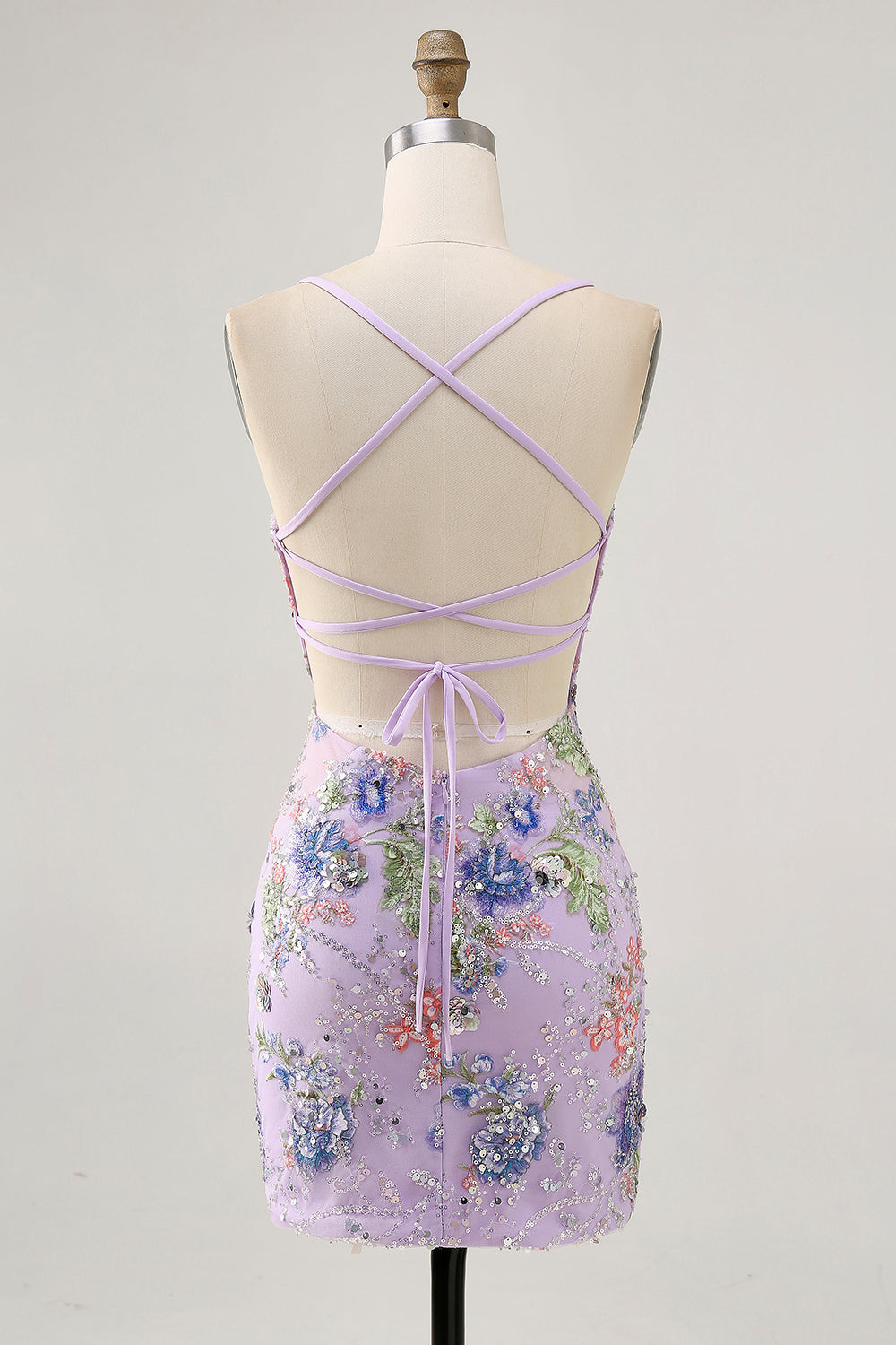 Floral Bodycon Sequin Pink Homecoming Dress with Lace-up Back