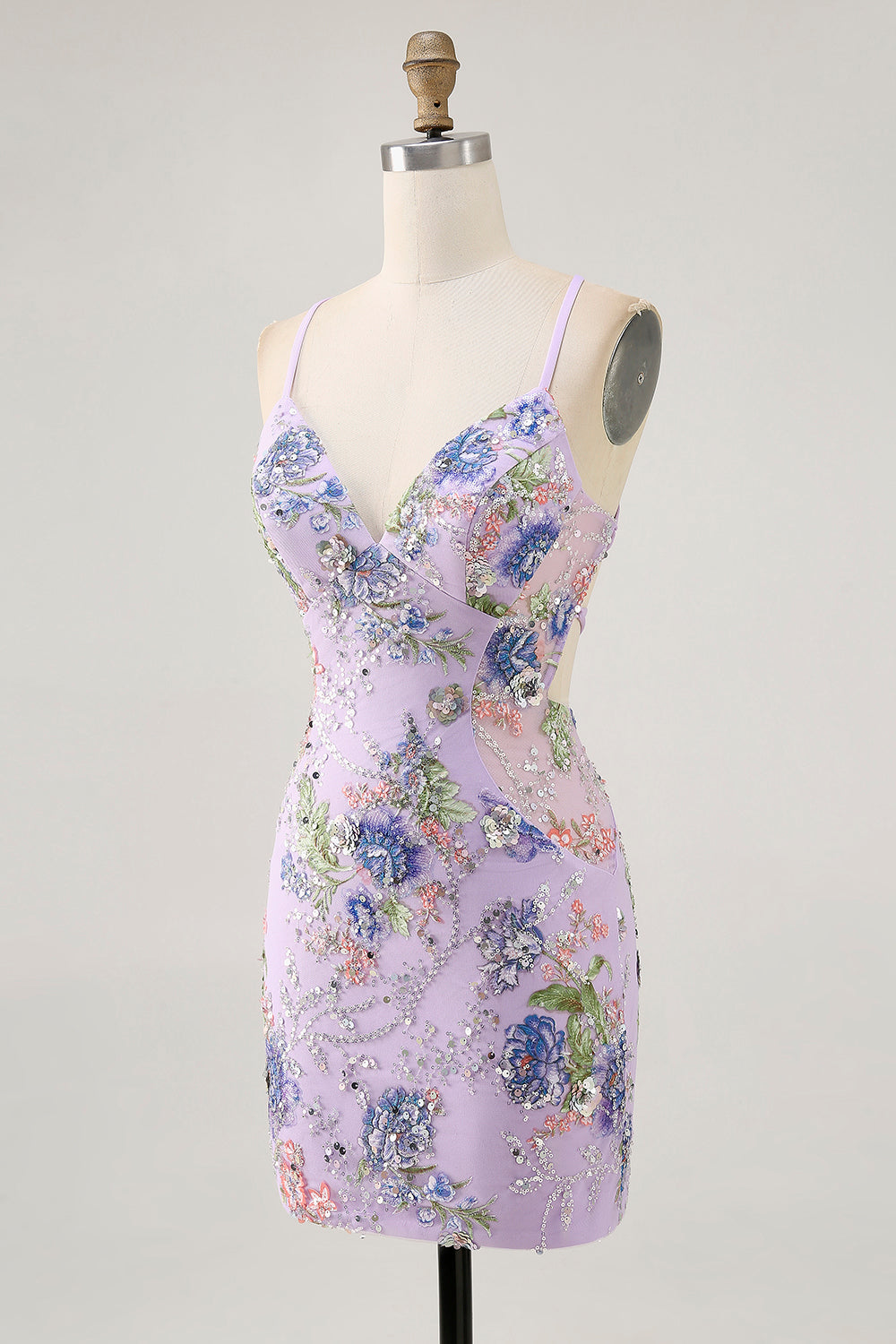 Floral Bodycon Sequin Pink Homecoming Dress with Lace-up Back