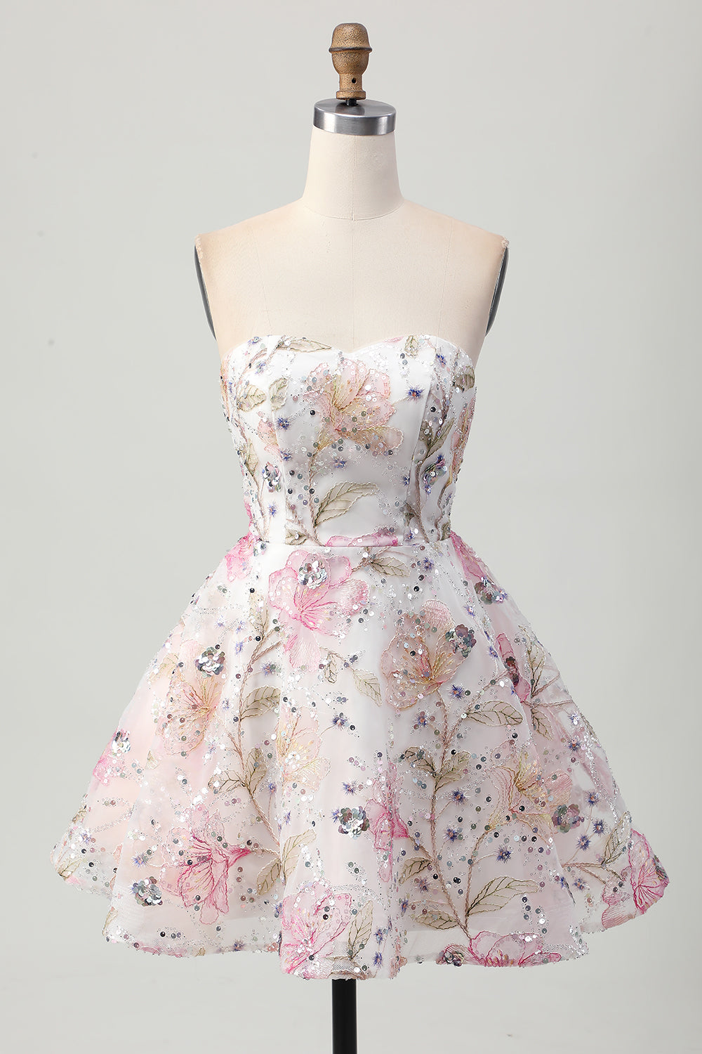 Floral A-Line Strapless Pink Homecoming Dress with Sequins