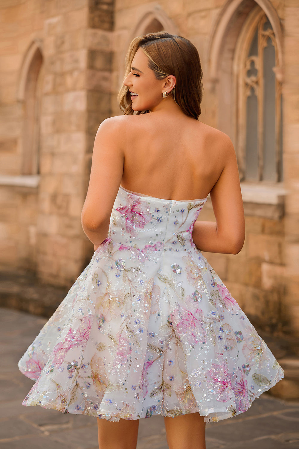 Floral A-Line Strapless Pink Homecoming Dress with Sequins