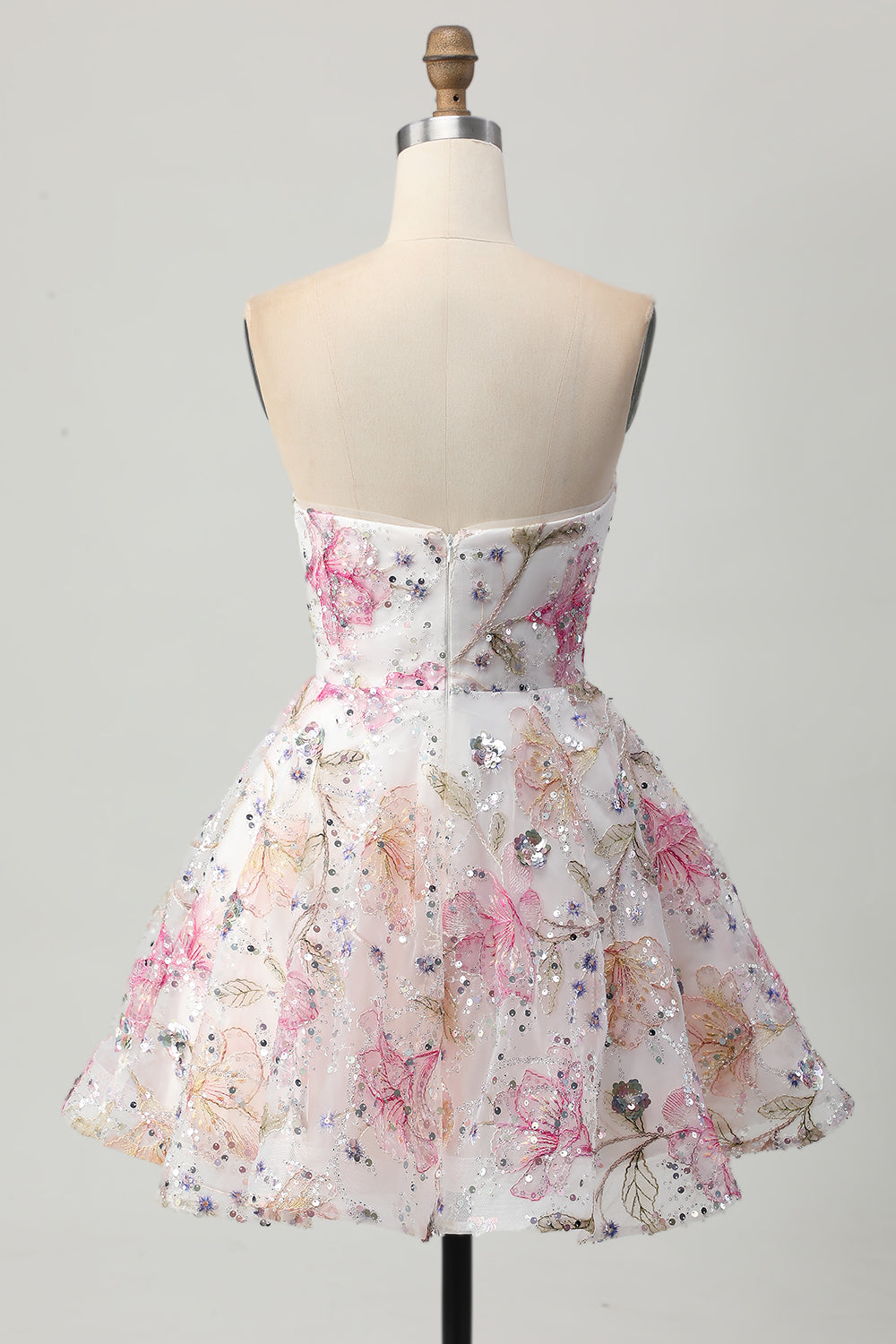 Floral A-Line Strapless Pink Homecoming Dress with Sequins