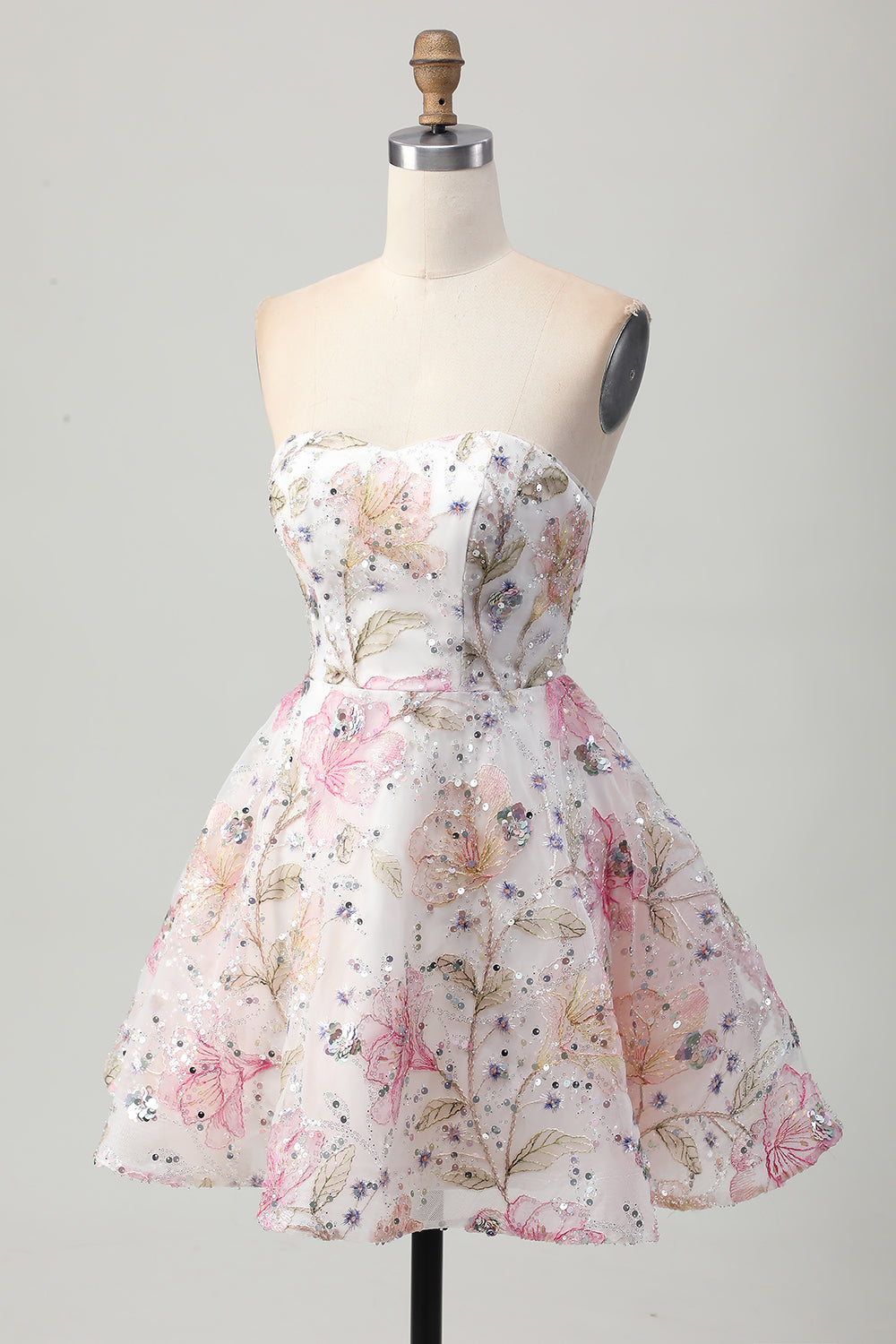 Floral A-Line Strapless Pink Homecoming Dress with Sequins