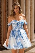 Off The Shoulder Printed White Blue Flower Homecoming Dress