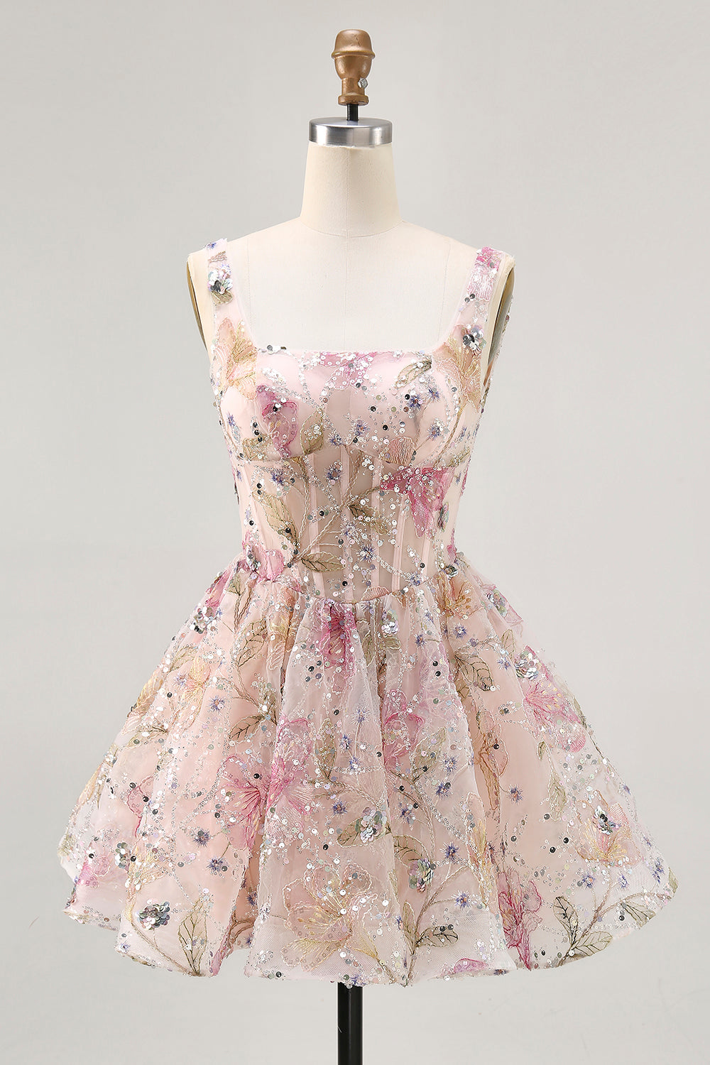 Sparkly A Line Square Neck Floral Pink Homecoming Dress with Lace Up Back