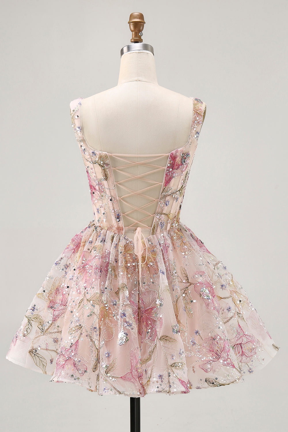 Sparkly A Line Square Neck Floral Pink Homecoming Dress with Lace Up Back