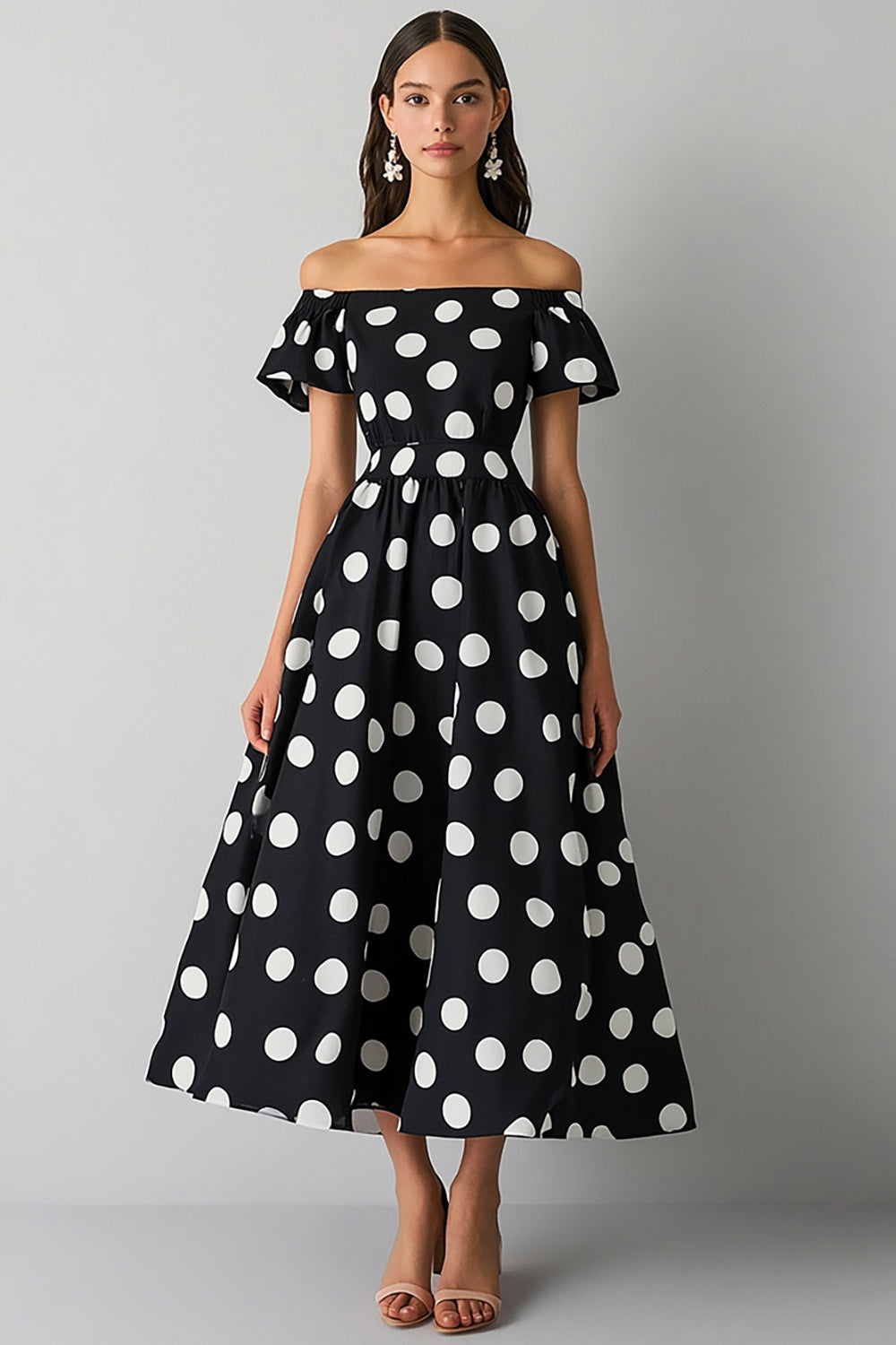 Off The Shoulder Black White Polka Dot Midi Formal Dress