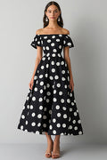 Off The Shoulder Black White Polka Dot Midi Formal Dress