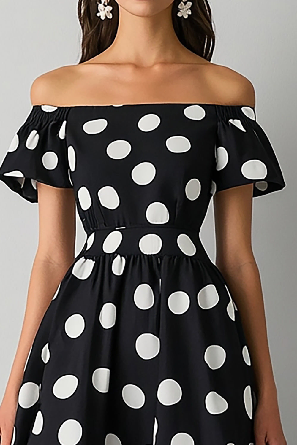 Off The Shoulder Black White Polka Dot Midi Formal Dress