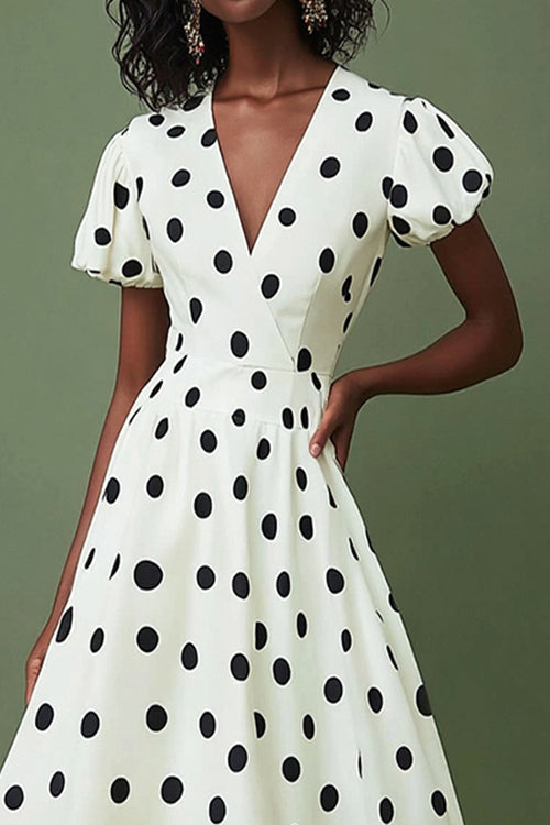 White Black Polka Dot Graduation Dress with Short Sleeves