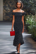 Off The Shoulder Mermaid Black White Polka Dot Graduation Dress