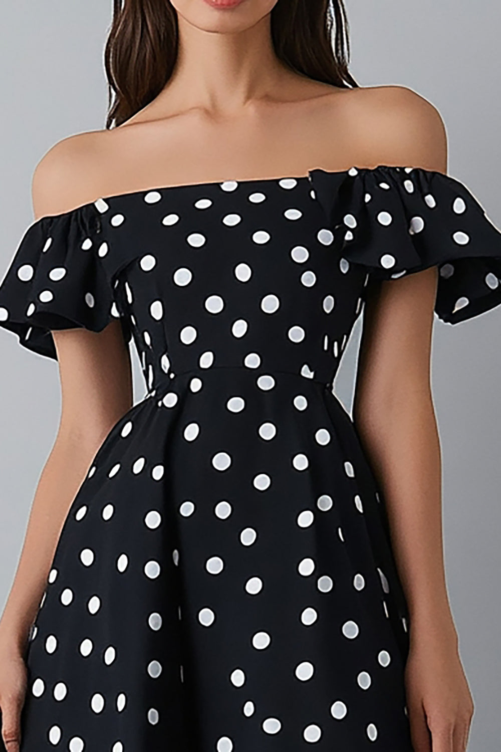 Off The Shoulder Black White Polka Dot Dress with Ruffles