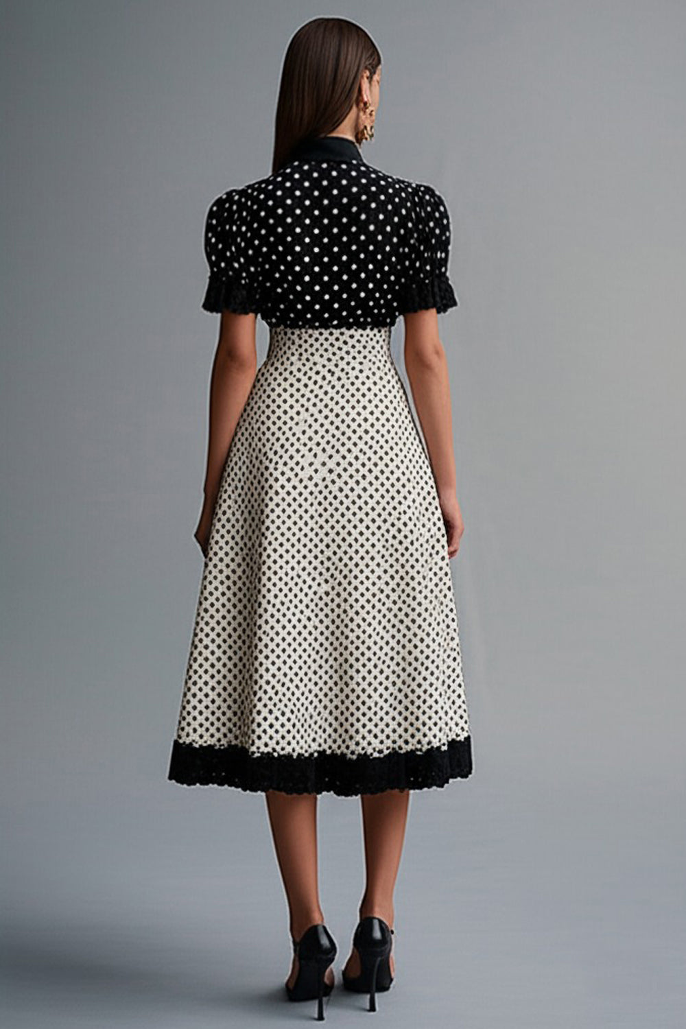 Black White Ruffled A Line Polka Dot Dress