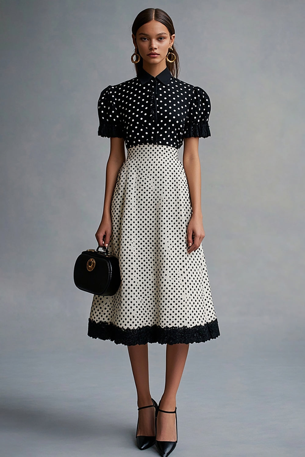 Black White Ruffled A Line Polka Dot Dress