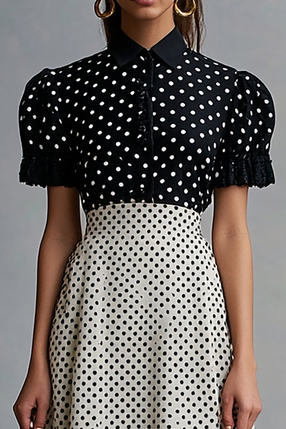 Black White Ruffled A Line Polka Dot Dress