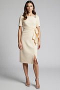 Ruffled Champagne Sheath Midi Dress with Slit