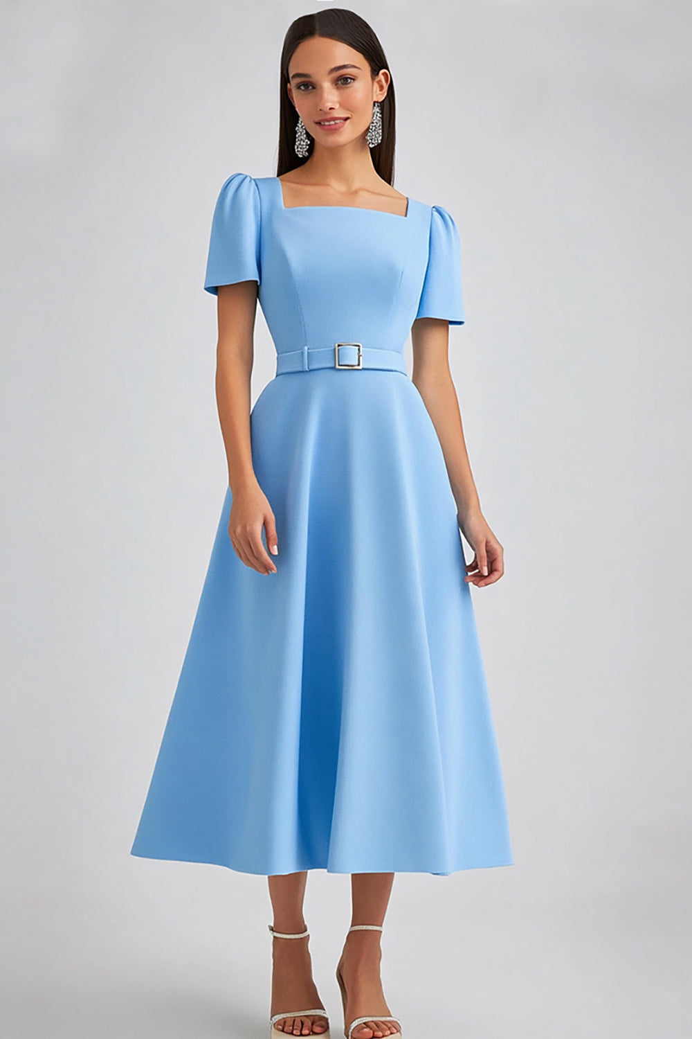 A Line Sky Blue Square Neck Midi Work Dress with Belt
