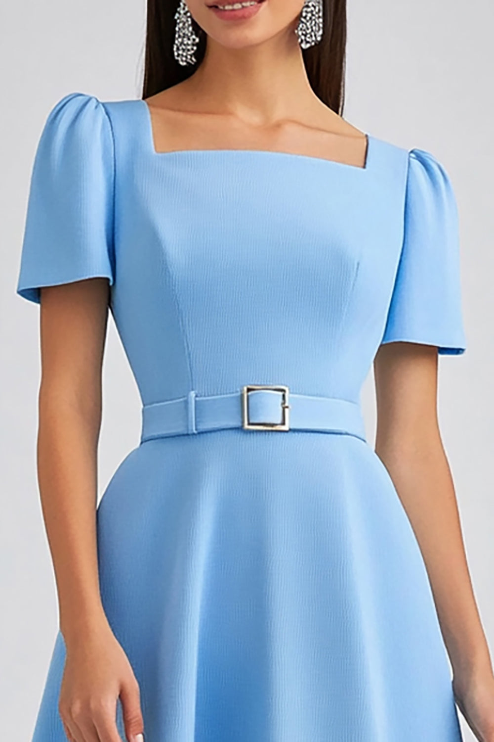 A Line Sky Blue Square Neck Midi Work Dress with Belt