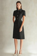 Black Lapel Neck Midi Dress with Short Sleeves