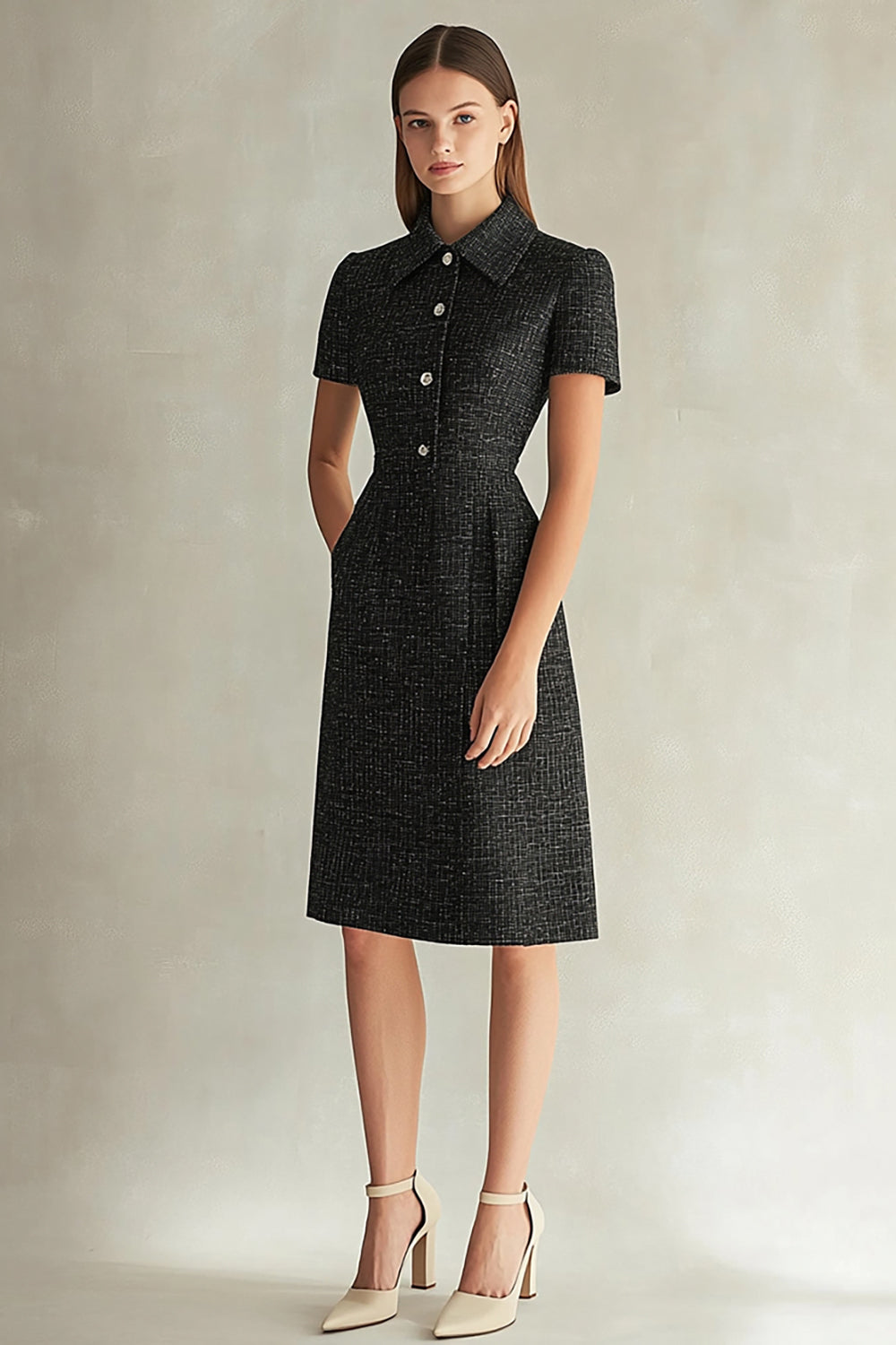 Black Lapel Neck Midi Dress with Short Sleeves
