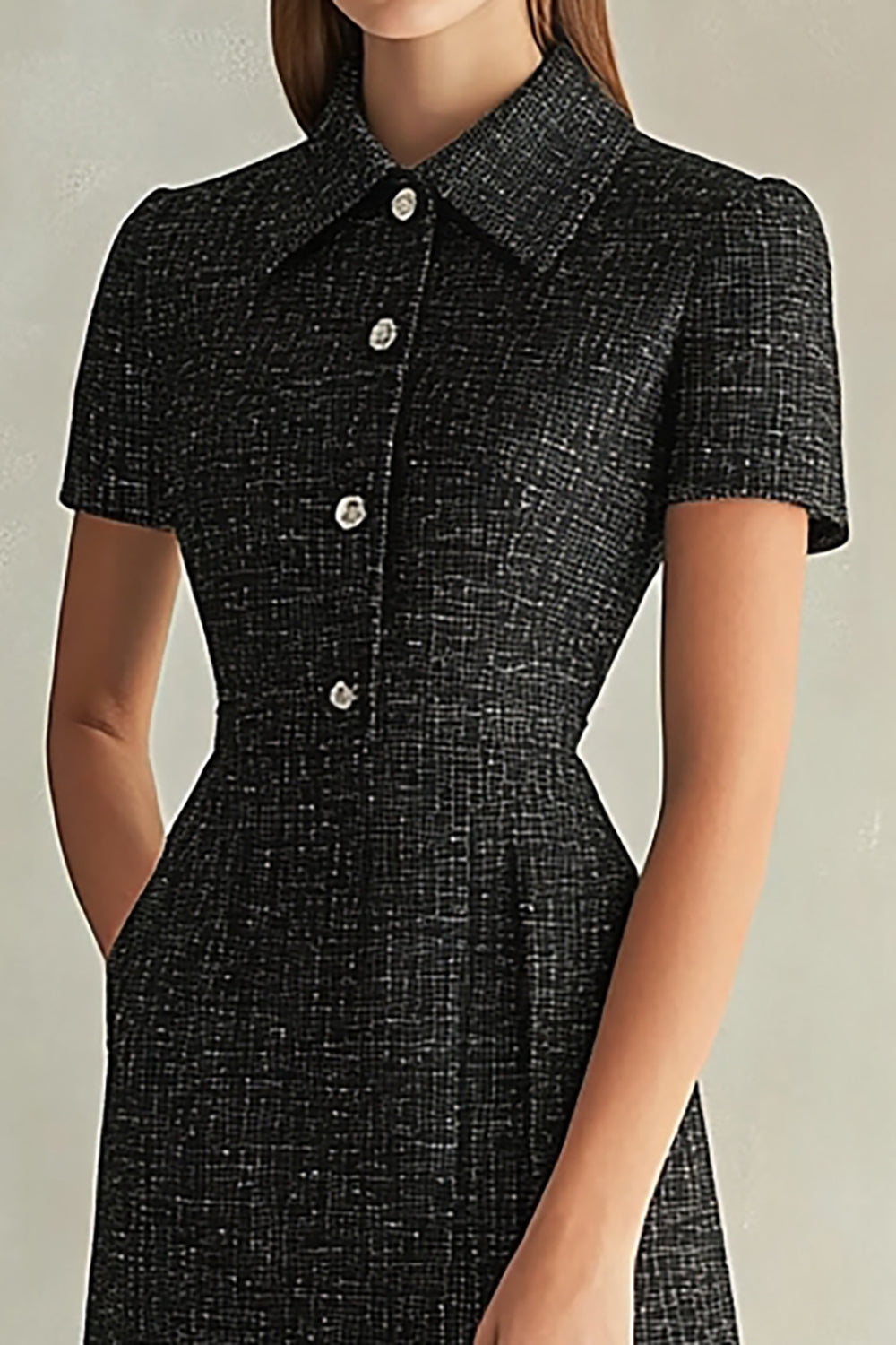 Black Lapel Neck Midi Dress with Short Sleeves