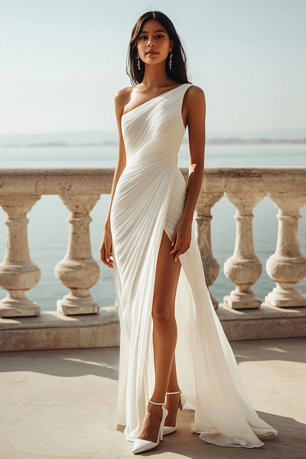 Ivory One Shoulder Ruched Maxi Dress with Slit