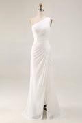 Ivory One Shoulder Ruched Maxi Dress with Slit