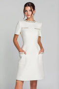 Beaded Ivory Sheath Round Neck Work Dress