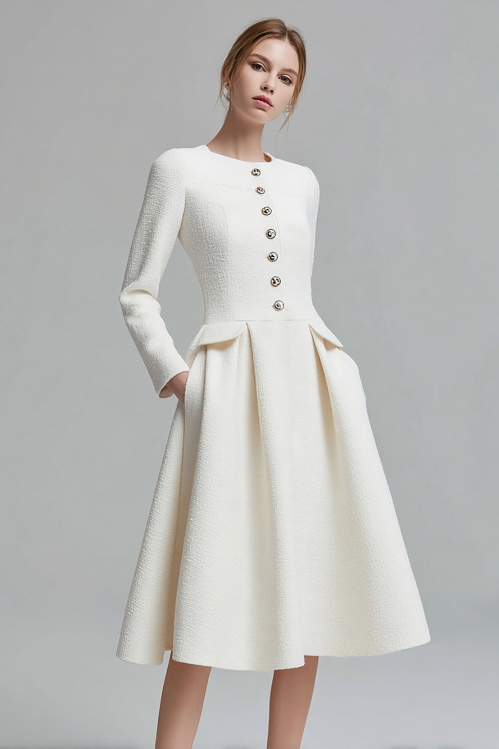 Ivory A-Line Round Neck Tweed Long Sleeve Work Dress