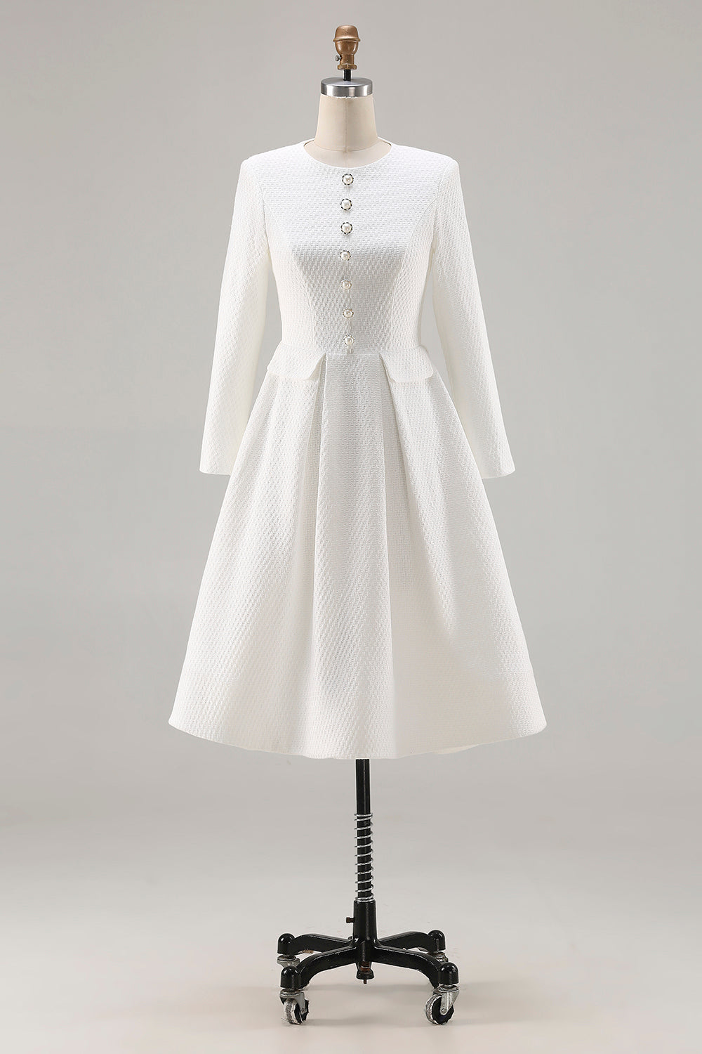 Ivory A-Line Round Neck Tweed Long Sleeve Work Dress