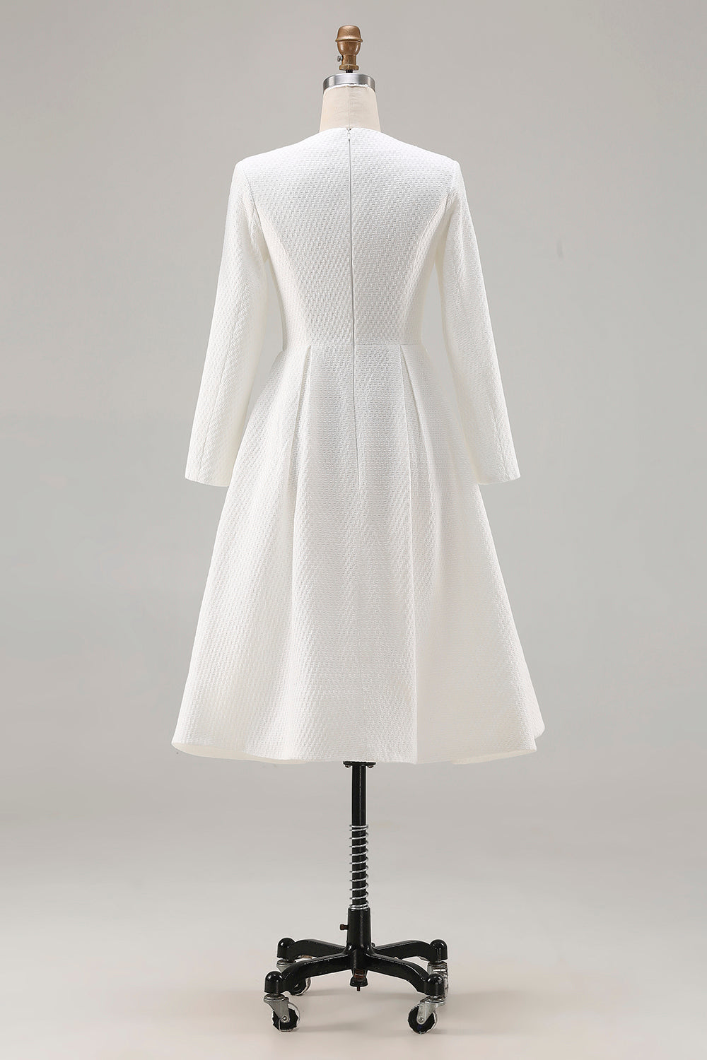 Ivory A-Line Round Neck Tweed Long Sleeve Work Dress