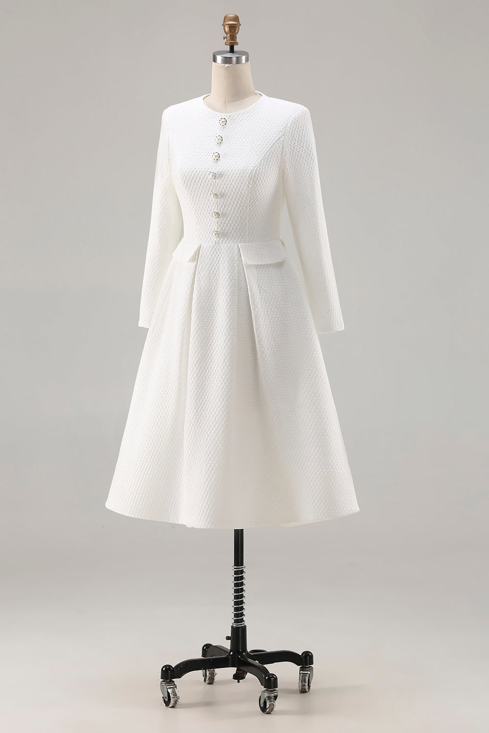 Ivory A-Line Midi Work Dress with Long Sleeves