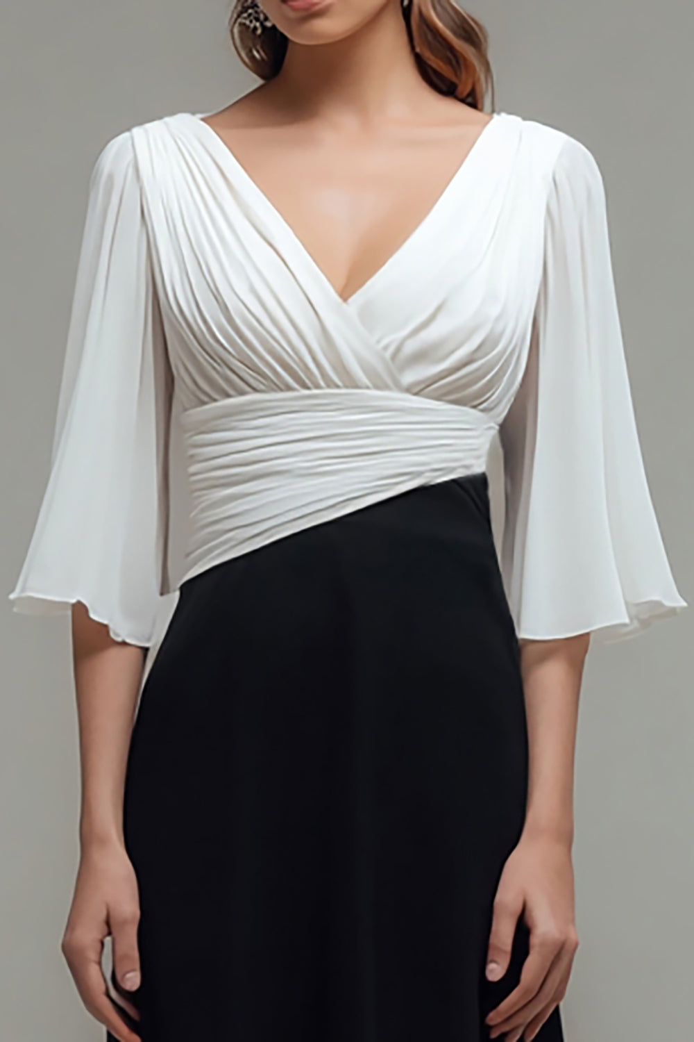 Black and White A-Line V-Neck Long Formal Dress With Flutter Sleeves