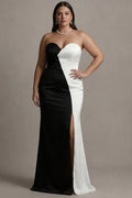 Black and White Strapless Plus Size Satin Formal Dress
