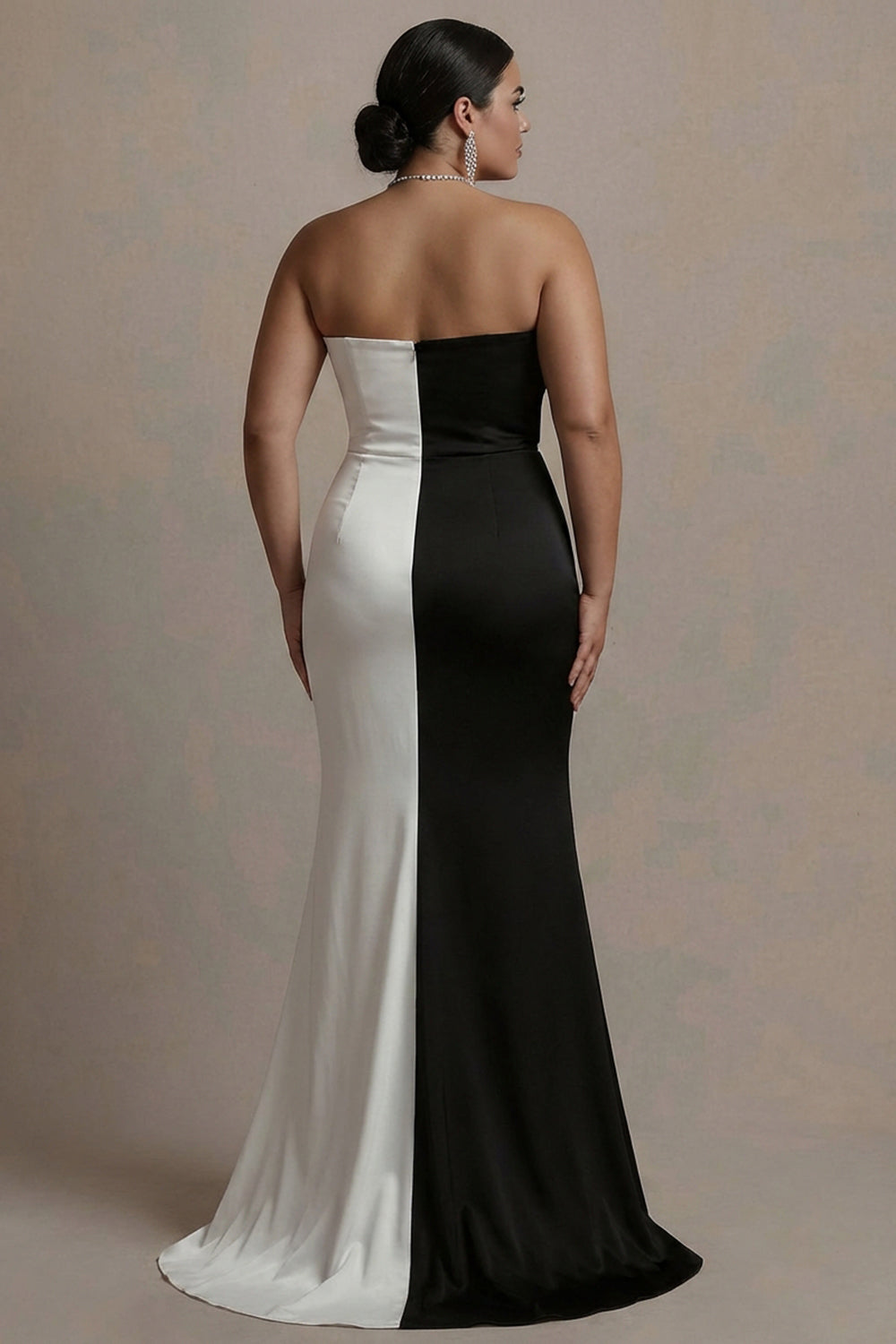 Black and White Strapless Plus Size Satin Formal Dress