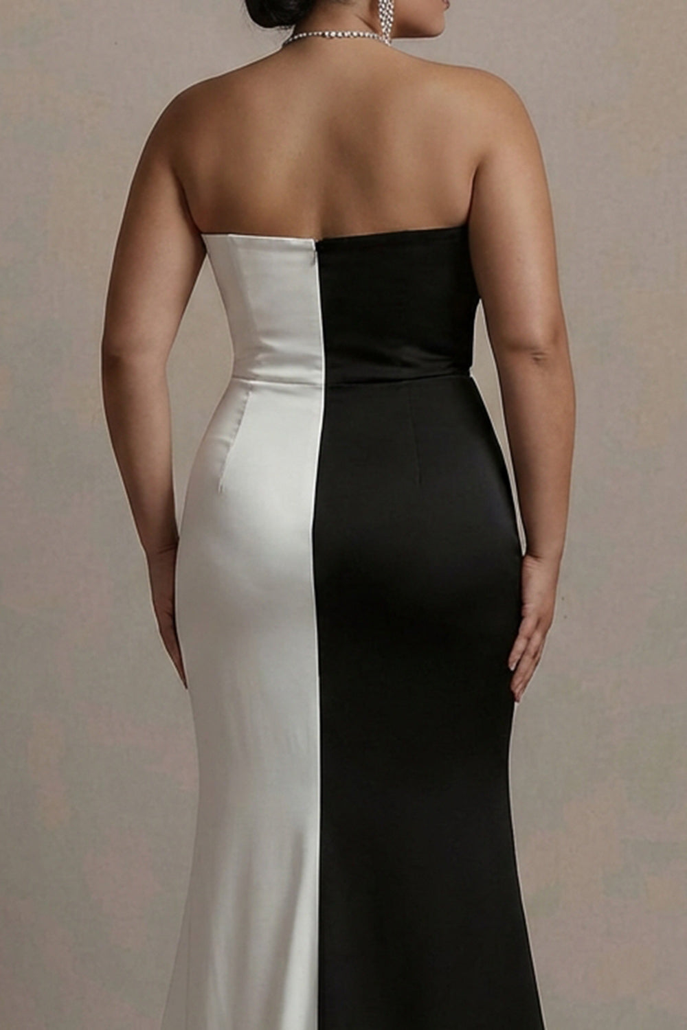 Black and White Strapless Plus Size Satin Formal Dress